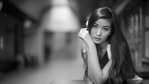 Beautiful Young Asian Woman Portrait Black and White Desktop Wallpaper