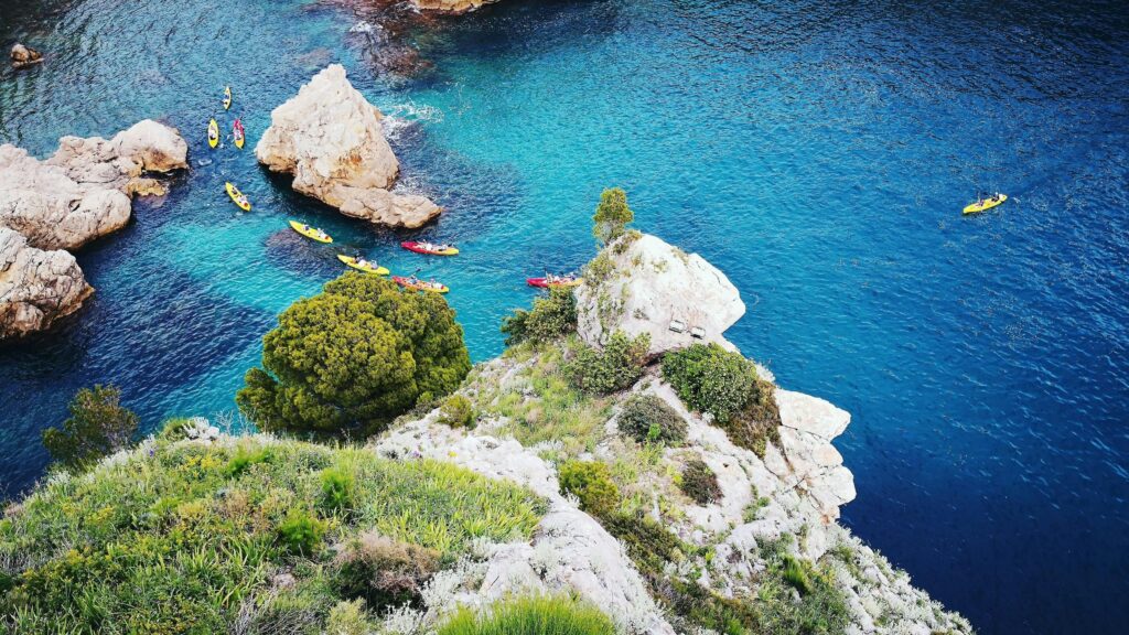 Aerial View of Kayakers in Turquoise Coastal Waters 4K Wallpaper