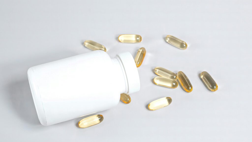 Minimalist White Supplement Bottle and Omega 3 Capsules 4K Wallpaper