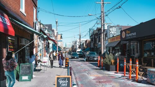 Urban Street Scene with Shops and Graffiti in Toronto PC Wallpaper