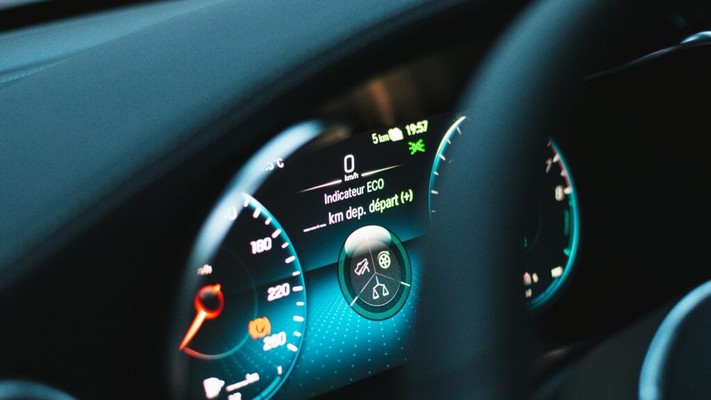 Modern Car Digital Dashboard Neon Glowing Speedometer 4K Wallpaper