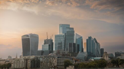 London City Skyline at Golden Hour Sunset Desktop Wallpaper