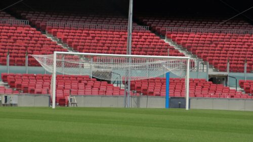 Empty Professional Soccer Stadium Goal Post 4K Wallpaper