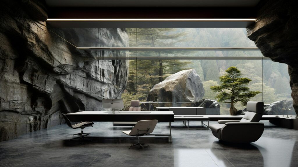 Modern Luxury Office in a Mountain Cave 4K Desktop Wallpaper