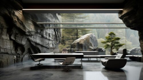 Modern Luxury Office in a Mountain Cave 4K Desktop Wallpaper