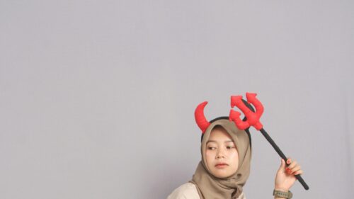 Woman Wearing Devil Horns Costume Minimalist Portrait Desktop Wallpaper