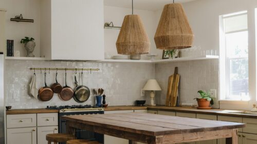 Rustic Farmhouse Kitchen Interior with Wooden Island 4K Wallpaper