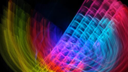 Abstract Neon Light Trails and Vibrant Glowing Grid Waves Desktop Wallpaper