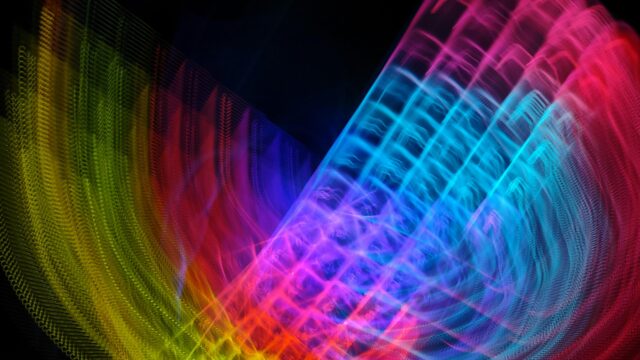 Abstract Neon Light Trails and Vibrant Glowing Grid Waves Desktop Wallpaper