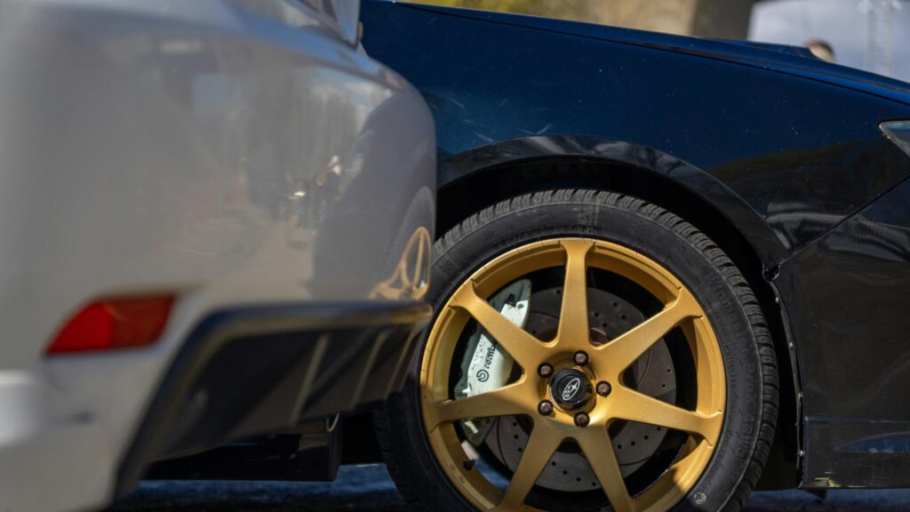 Subaru JDM Golden Rims and Performance Brakes Desktop Wallpaper