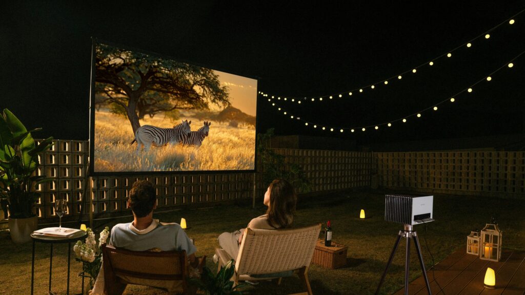 Cozy Backyard Outdoor Movie Night 4K Desktop Wallpaper