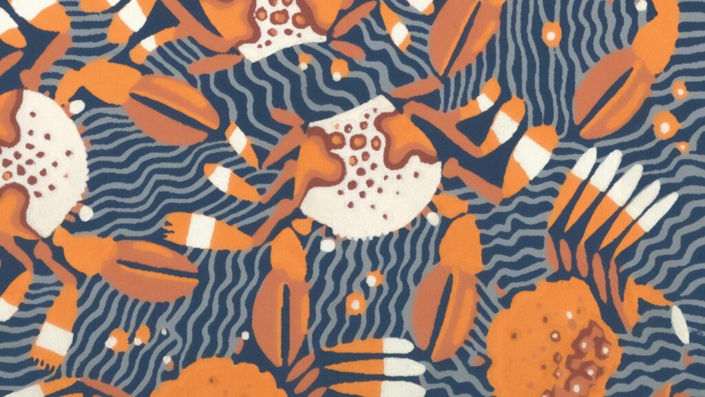 Abstract Orange Crabs Pattern Navy Blue Coastal Aesthetic Desktop Wallpaper