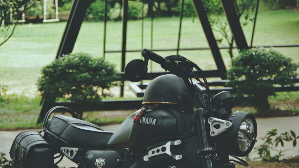 Matte Black Yamaha Motorcycle and Helmet Desktop Wallpaper