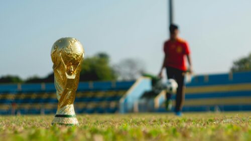 FIFA World Cup Trophy on Soccer Field 4K Wallpaper