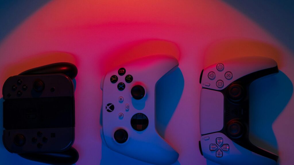 Gaming Controllers Set Neon Lighting 4K Desktop Wallpaper