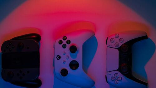 Gaming Controllers Set Neon Lighting 4K Desktop Wallpaper