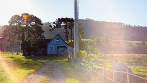 Rustic Blue Farmhouse in Golden Morning Light Desktop Wallpaper
