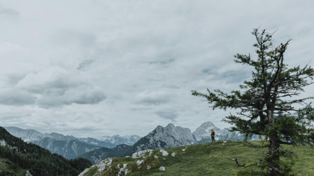 Hiker Standing on Alpine Mountain Ridge Scenic Desktop Wallpaper