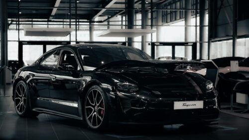Sleek Black Porsche Taycan Luxury Electric Sports Car 4K Wallpaper