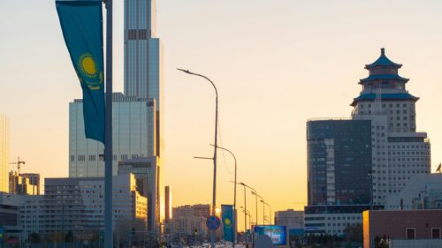 Astana Golden Hour Urban Skyline with Kazakhstan Flags 4K Wallpaper