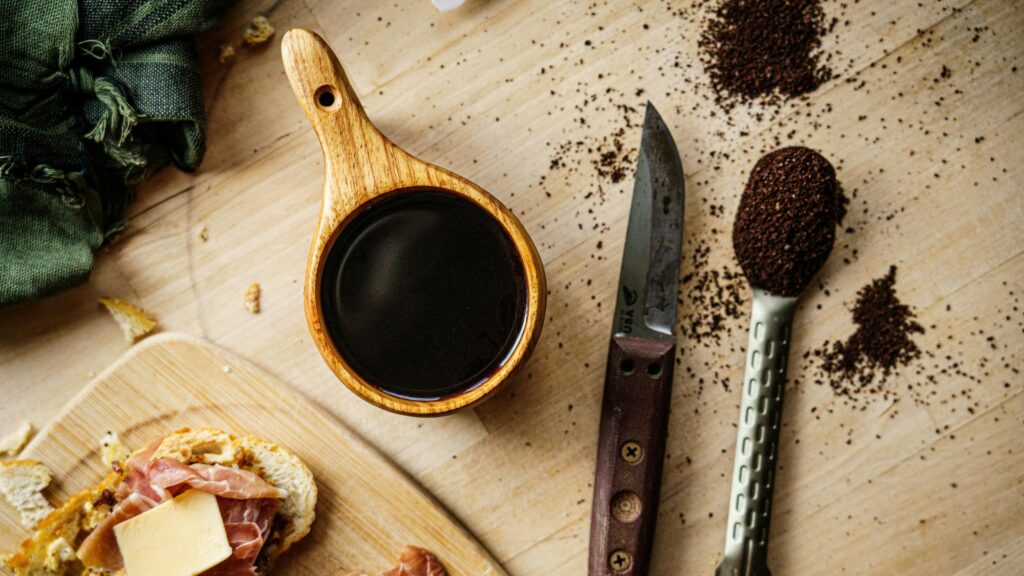 Rustic Morning Coffee and Charcuterie Breakfast Desktop Wallpaper