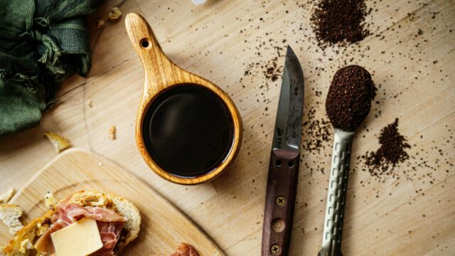Rustic Morning Coffee and Charcuterie Breakfast Desktop Wallpaper