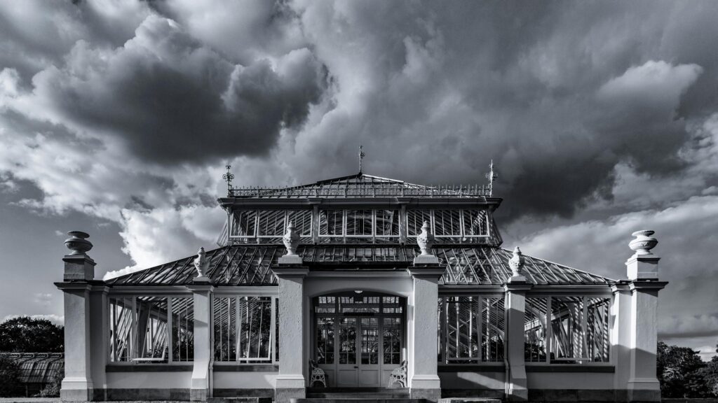 Dramatic Glass Conservatory Black and White Architecture 4K Wallpaper