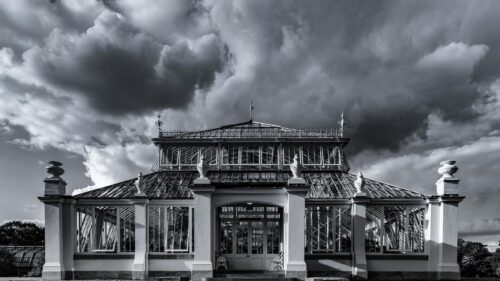 Dramatic Glass Conservatory Black and White Architecture 4K Wallpaper