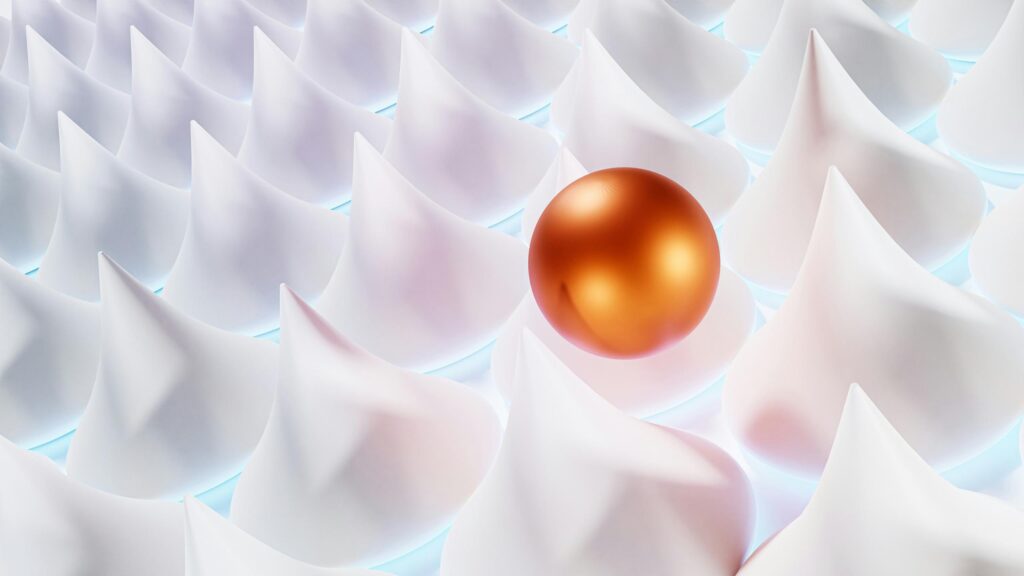 Abstract Orange Sphere Amidst White Conical Structures 4K Wallpaper