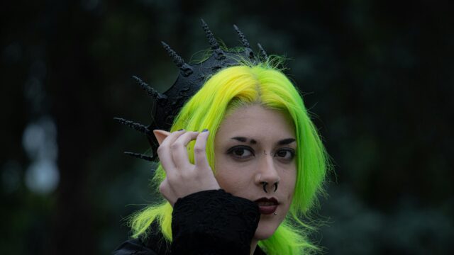 Gothic Elf Girl with Neon Green Hair and Black Crown 4K Wallpaper