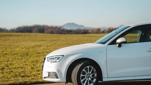White Audi e-tron Car Parked by Open Golden Fields Desktop Wallpaper
