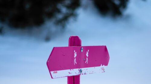 Minimalist Pink Winter Hiking Trail Sign Post 4K Wallpaper