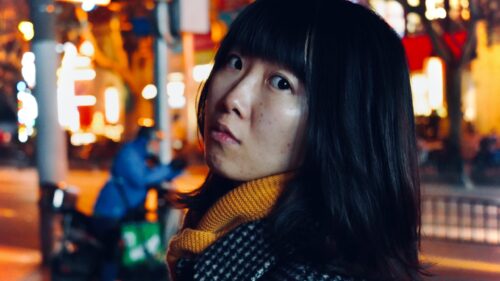 Asian Girl in Winter Scarf Night City Lights Desktop Wallpaper