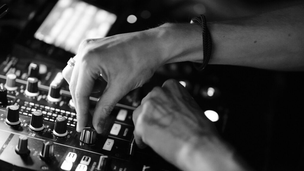 DJ Mixing Audio Console Close Up Black and White Desktop Wallpaper