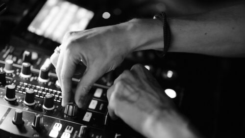 DJ Mixing Audio Console Close Up Black and White Desktop Wallpaper