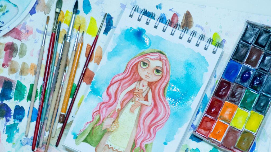 Whimsical Pink-Haired Girl Watercolor Illustration 4K Desktop Wallpaper