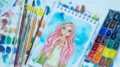 Whimsical Pink-Haired Girl Watercolor Illustration 4K Desktop Wallpaper