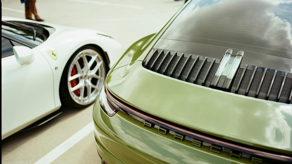 Olive Green Porsche 911 and White Ferrari Supercars 4K Wallpaper