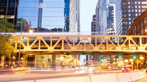 Chicago Elevated Train Tracks at Night City Light Trails 4K Wallpaper