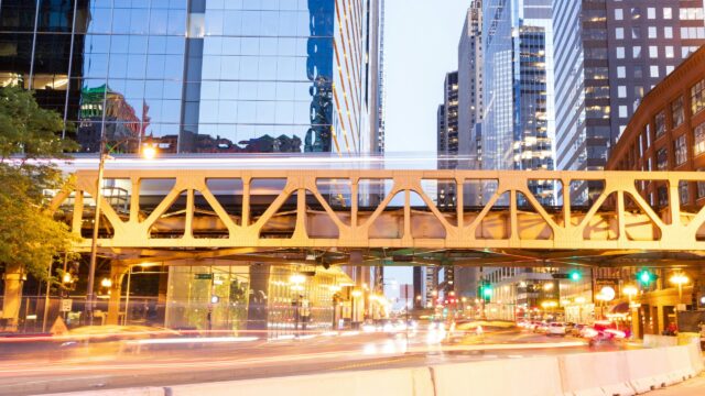 Chicago Elevated Train Tracks at Night City Light Trails 4K Wallpaper