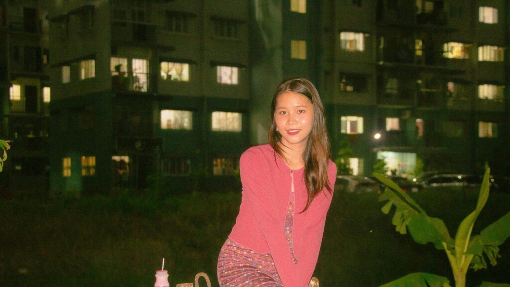 Young Asian Woman in Pink Cardigan Evening Portrait Desktop Wallpaper