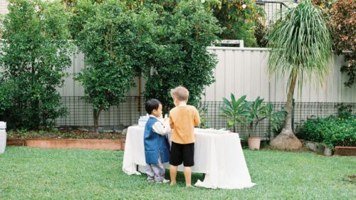Two Young Boys Playing at a Garden Party Table 4K Wallpaper