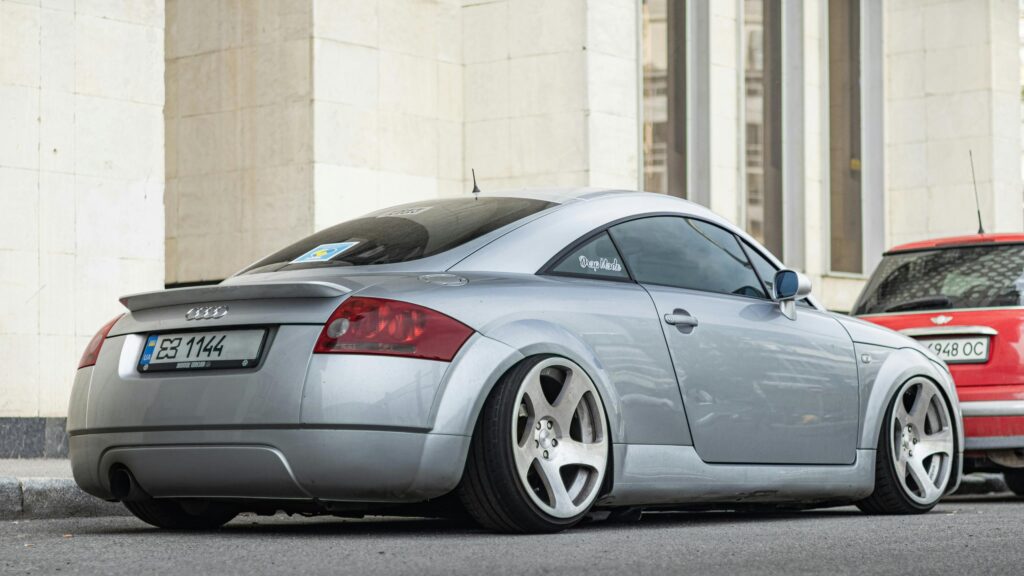 Stanced Silver Audi TT Coupe Exterior Rear View 4K Desktop Wallpaper