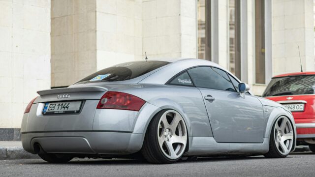 Stanced Silver Audi TT Coupe Exterior Rear View 4K Desktop Wallpaper