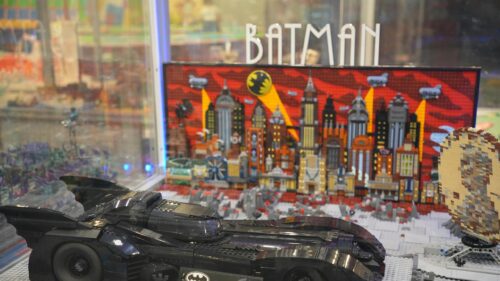 LEGO Batman Batmobile and Gotham City Skyline 4K Desktop Wallpaper