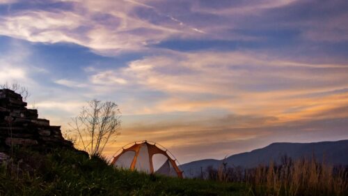 Camping Tent Under Golden Hour Sunset Sky Desktop Wallpaper