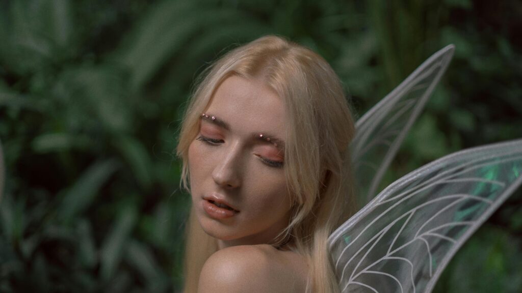 Ethereal Blonde Fairy with Gemstone Makeup Forest Desktop Wallpaper