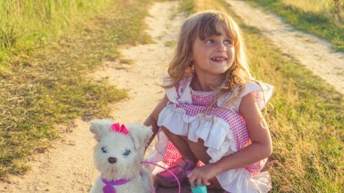Happy Little Girl Playing with Toy Dog in Sunlit Field Desktop Wallpaper