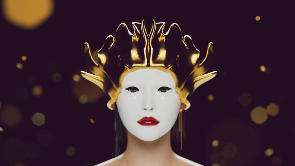 Mystical Woman with Golden Crown and Porcelain Mask 4K Wallpaper