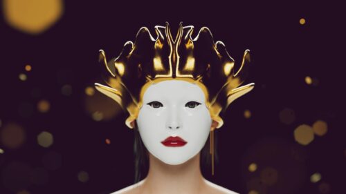 Mystical Woman with Golden Crown and Porcelain Mask 4K Wallpaper